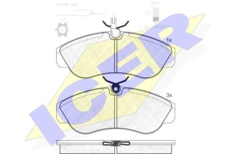 Колодки тормозные (передние) Fiat Ducato/Citroen Jumper/Peugeot Boxer 94-02 (+датчики) L=300mm) ICER 141054-203