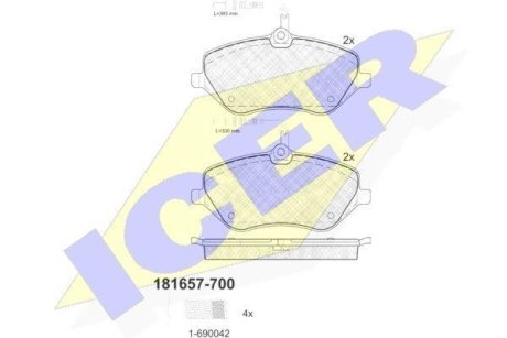 Колодки гальмівні (передні) Citroen C5 08-/C6 05-12/Peugeot 407 04-/607 00-11 (+датчики) ICER 181657-700