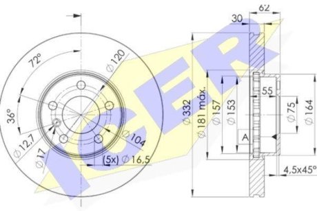 Диск гальмівний (передній) BMW X5 (E70) 06-13/X6 (E71/E72) 10-14 (332x30) (з покриттям) (вентил.) ICER 78BD1985-2