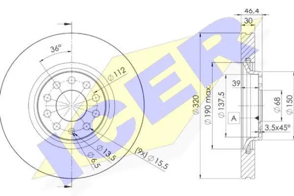 Диск гальмівний (передній) Audi A4/A6 97-09/Seat Exeo 08-13 (321x30) (з покриттям) (вент.) ICER 78BD3615-2 (фото 1)