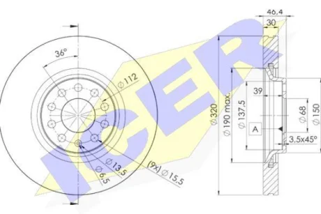 Диск гальмівний (передній) Audi A4/A6 97-09/Seat Exeo 08-13 (321x30) (з покриттям) (вент.) ICER 78BD3615-2