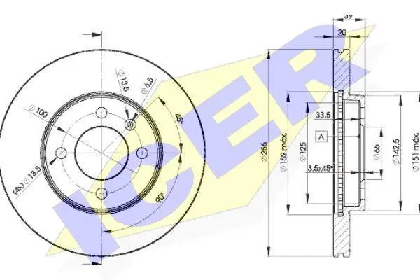 Диск гальмівний (передній) Seat Ibiza/VW Caddy/Polo 93-04/Golf/Passat 87-02 (256x20) (з покр.) (вент) ICER 78BD3790-2 (фото 1)