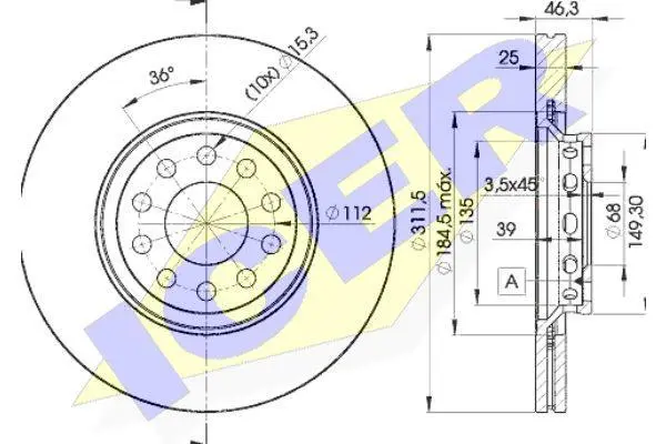 Диск гальмівний (передній) Audi A4/A6/VW Passat 00-09 (312х25) (вент.) ICER 78BD4065-2 (фото 1)