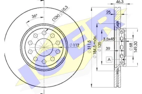 Диск гальмівний (передній) Audi A4/A6/VW Passat 00-09 (312х25) (вент.) ICER 78BD4065-2