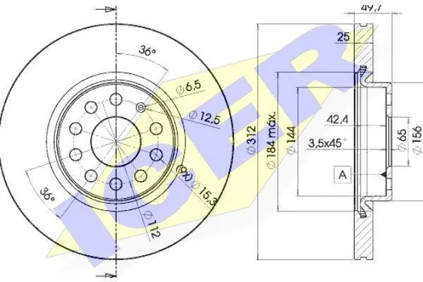 Диск гальмівний (передній) Audi A3/Skoda Octavia/SuperB/VW Passat B6/B8 03- (312x25) (з покр.)(вент.) ICER 78BD5618-2 (фото 1)