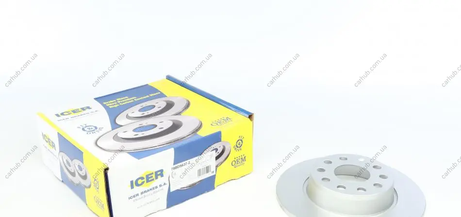 Диск гальмівний (задній) Audi A3/Skoda Octavia/VW Caddy 03-/Golf 08- (272x10)(з покр.)(повний) ICER 78BD5637-2 (фото 1)