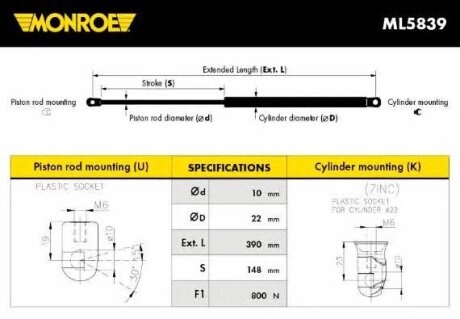 Фото амортизатор багажнику MONROE ML5839 Амортизатор багажнику MONROE ML5839