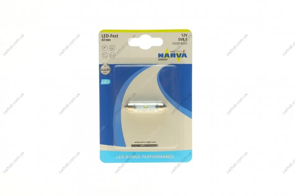 Автолампа 12V 0,6W SV8.5 (9.8x43mm) Festoon (LED) (блістер/1шт) NARVA 180804000 (фото 1)