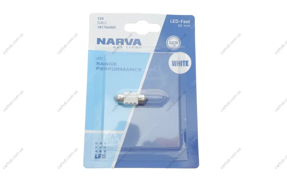 Автолампа 12V 0,8W SV8.5 (9.8x30mm) Festoon LED (blister/1шт) (6000K) NARVA 181704000 (фото 1)