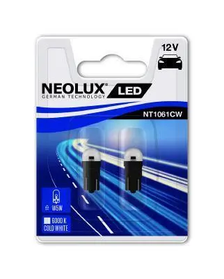 LED лампочка (упаковка-блістер 2шт) W5W 12В 0,5Вт W2.1x9.5d без гомологічного сертифікату LED Interior, Білий 6000K NEOLUX NT1061CW02B (фото 1)
