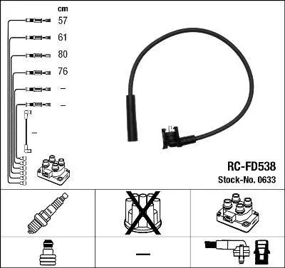 Комплект проводів запалювання FORD ESCORT IV, ESCORT IV EXPRESS, ESCORT V, ESCORT V EXPRESS, ESCORT VI, FIESTA, FIESTA III, GALAXY I, ORION II, ORION III 1.0-2.3 12.85-05.06 NGK 0633 (фото 1)