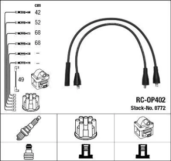 Комплект проводів запалювання OPEL ASCONA B, ASCONA C, KADETT C, KADETT C CITY, KADETT D, KADETT E, MANTA B, MONZA A, REKORD C, REKORD D, REKORD E, SENATOR A PEUGEOT 205 II 1.0-2.2 08.66-09.93 NGK 0772