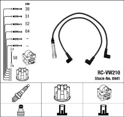 Комплект проводів запалювання AUDI 80 B2, 80 B3, 80 B4 SEAT CORDOBA, CORDOBA VARIO, IBIZA II, INCA, TOLEDO I VW CADDY I, CORRADO, DERBY, GOLF I, GOLF II, GOLF III, GOLF IV 1.0-2.1 09.78- NGK 0941 (фото 1)