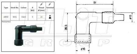 Трубка свічки запалювання, кут: 90°, коротка, різьба: 14мм, з"єднання: гайка SAE, корпус: ебонітовий, колір трубки: чорн KAWASAKI KE 100/125/125 (Evol.)/125 (Premium)/125 (Street)/125 (street) EURO2/1 NGK LB05E