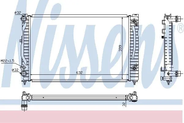 Радіатор охолодження двигуна A4 1.6i/1.8T/1.9TDI 95-05 AT (635x398x34/Ø 32.5) NISSENS 60499 (фото 1)