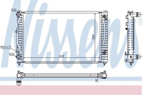 Радіатор охолодження двигуна A4 1.6i/1.8T/1.9TDI 95-05 AT (635x398x34/Ø 32.5) NISSENS 60499