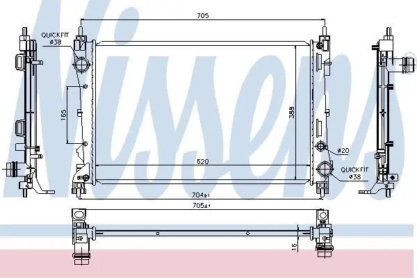 Радіатор охолодження двигуна Fiat Doblo 1.3D/1.4 10- (388x620x16) NISSENS 617854 (фото 1)
