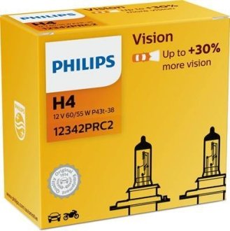 Автолампа H4 12V 60/55W P43t-38 Vision +30% (2 шт. в упакоці) PHILIPS 12342PRC2