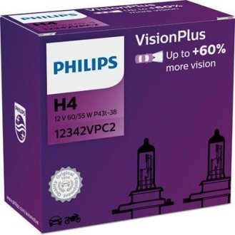 Автолампа H4 12V 60/55W P43t-38 VisionPlus +60% (2 шт. в упаковці) PHILIPS 12342VPC2