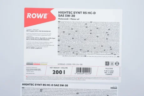 Олива 5W30 HIGHTEC SYNT RS HC-D (200L) (MB 229.5/VW 502 00/505 00/GM-LL-A-025/BMW LL-01) ROWE 20060-2000-99