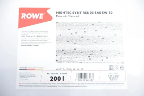 Олива 5W30 HIGHTEC SYNT RSS 03 (200L) (MB 229.31/229.51) (ACEA C2/C3/API SP) ROWE 20372-2000-99