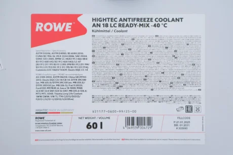 Антифриз (зелений) 60L HIGHTEC ANTIFREEZE COOLANT AN 18 LC READY-MIX (-40°C) ROWE 21177-0600-99