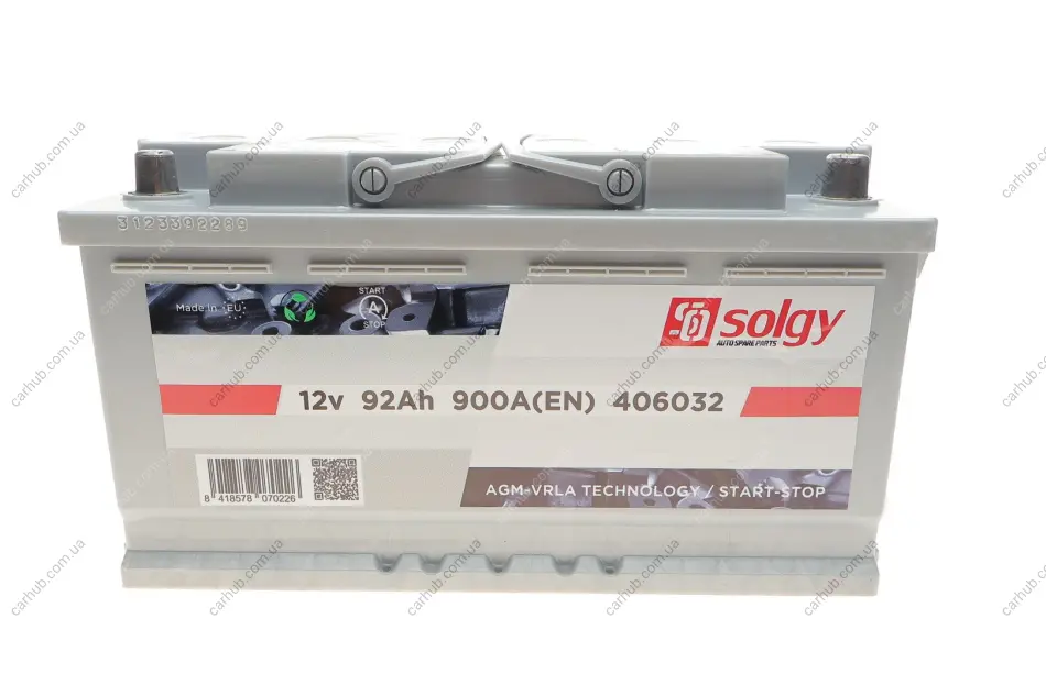Акумуляторна батарея 92Ah/900A (353x175x190/+R/B13) (Start-Stop AGM) SOLGY Solgy 406032 (фото 1)