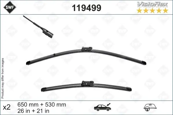 Щітка склоочисника безкаркасна передн із спойлером (2шт) Visioflex 650/530мм AUDI Q6 E-TRON LAND ROVER RANGE ROVER EVOQUE PORSCHE CAYENNE, MACAN SKODA KODIAQ II TESLA MODEL X VW ATLAS 09.15- SWF 119499 (фото 1)