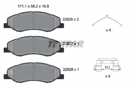 Комплект гальмівних колодок, HONDA ODYSSEY HYUNDAI GRANDEUR KIA CEE\'D, CERATO III, PRO CEE\'D 1.6/3.0/3.5 07.11- TEXTAR 2282601
