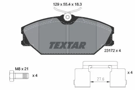 Комплект гальмівних колодок передн, RENAULT CLIO II, LAGUNA I, MEGANE I, MEGANE I CLASSIC, MEGANE I COACH, MEGANE SCÉNIC, SAFRANE II, SCENIC I 1.4-3.0 06.95-06.09 TEXTAR 2317203
