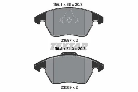 Комплект гальмівних колодок передн, AUDI A1, A3, TT SEAT ALTEA, ALTEA XL, LEON, TOLEDO III VW BEETLE, CC B7, GOLF PLUS V, GOLF VI, JETTA III, JETTA IV, PASSAT ALLTRACK B7 1.0-3.6 02.03-03.20 TEXTAR 2358704