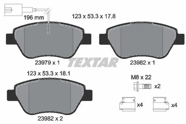 Комплект гальмівних колодок передн, ABARTH 500 / 595 / 695 FIAT 500, 500 C, DOBLO, FIORINO, GRANDE PUNTO, LINEA, PANDA, PUNTO, PUNTO EVO, QUBO PEUGEOT BIPPER TEPEE 1.2-1.6 10.01- TEXTAR 2397901 (фото 1)