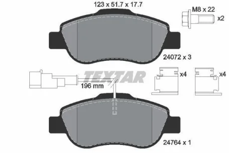 Комплект гальмівних колодок передн, ABARTH 500 / 595 / 695 FIAT 500, 500 C, GRANDE PUNTO, PANDA, PUNTO EVO FORD KA PEUGEOT BIPPER TEPEE 1.2-1.4D 09.03- TEXTAR 2407202