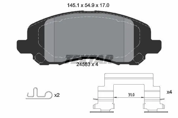 Комплект гальмівних колодок передн, BAIC BJ30 CHRYSLER 200, SEBRING DODGE AVENGER, CALIBER, CARAVAN, JOURNEY JEEP COMPASS, PATRIOT MAZDA CX-7 MITSUBISHI ASX, ECLIPSE III 1.3-3.8 10.86- TEXTAR 2458301 (фото 1)
