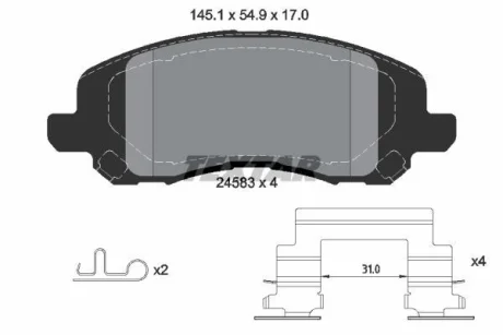 Комплект гальмівних колодок передн, BAIC BJ30 CHRYSLER 200, SEBRING DODGE AVENGER, CALIBER, CARAVAN, JOURNEY JEEP COMPASS, PATRIOT MAZDA CX-7 MITSUBISHI ASX, ECLIPSE III 1.3-3.8 10.86- TEXTAR 2458301