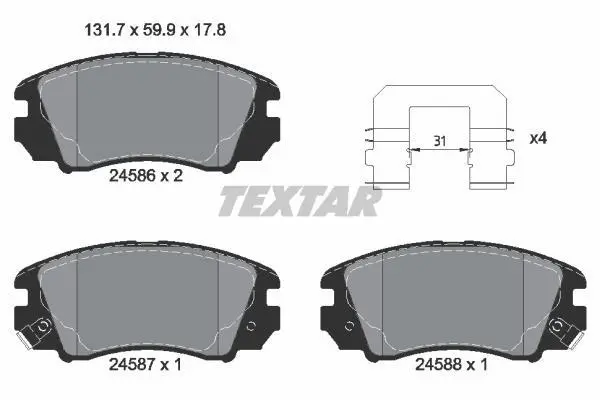Комплект гальмівних колодок передн, HYUNDAI SONATA V KIA MAGENTIS II 2.0-2.7 01.05-12.10 TEXTAR 2458601 (фото 1)