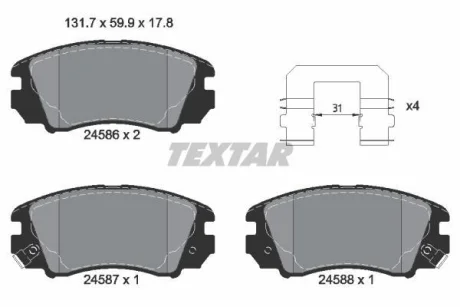 Комплект гальмівних колодок передн, HYUNDAI SONATA V KIA MAGENTIS II 2.0-2.7 01.05-12.10 TEXTAR 2458601