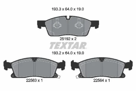 Комплект гальмівних колодок передн, JEEP GRAND CHEROKEE, GRAND CHEROKEE IV 3.0-6.4 11.10- TEXTAR 2519209