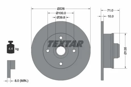 Диск гальмівний задн лів/прав SEAT CORDOBA, CORDOBA VARIO, IBIZA II, LEON, TOLEDO I VW CORRADO, GOLF II, GOLF III, GOLF IV, JETTA II, PASSAT B2, PASSAT B3/B4, POLO III 1.0-2.2 08.83-06.06 TEXTAR 92041803