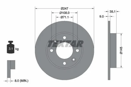 Диск гальмівний задн лів/прав CITROEN BERLINGO, C2, C2 ENTERPRISE, C3 I, C3 PLURIEL, C4, C4 I, XSARA PICASSO PEUGEOT 1007, 307, PARTNER, PARTNER ORIGIN 1.1-2.0D 06.96- TEXTAR 92111703