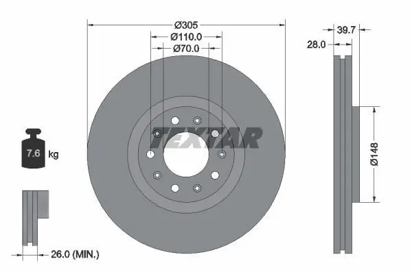Диск гальмівний передн лів/прав ALFA ROMEO 159, BRERA, GIULIETTA, SPIDER CHRYSLER 200 FIAT 500X JEEP COMPASS, RENEGADE 1.3-3.2 06.05- TEXTAR 92220803 (фото 1)