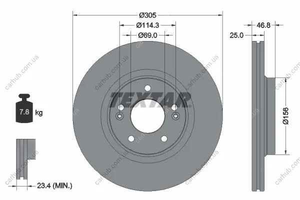 Диск гальмівний (передній) Hyundai Tucson/ I30/ Kia Ceed/Sportage 15- (305x25) PRO+ TEXTAR 92292205 (фото 1)