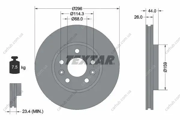 Диск гальмівний (передній) Renault Kangoo III 21-/Megane IV 15-/Nissan Qashqai 21- (296x26) PRO TEXTAR 92300703 (фото 1)