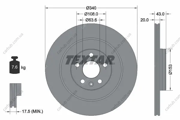 Диск гальмівний задн лів/прав VOLVO C40, EC40, EX40, XC40, XC90 II POLESTAR POLESTAR 2 2.0-Electric 09.14- TEXTAR 92304503 (фото 1)