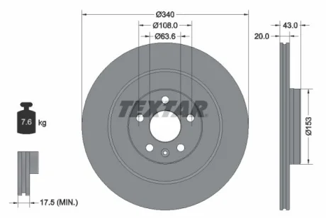 Диск гальмівний задн лів/прав VOLVO C40, EC40, EX40, XC40, XC90 II POLESTAR POLESTAR 2 2.0-Electric 09.14- TEXTAR 92304503