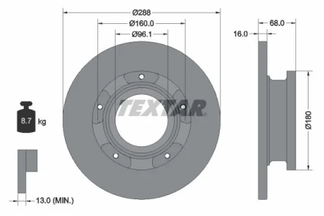 Диск гальмівний задн лів/прав FORD TOURNEO CUSTOM V362, TRANSIT, TRANSIT CUSTOM V362, TRANSIT V363 1.0H-2.3 04.06- TEXTAR 93260703