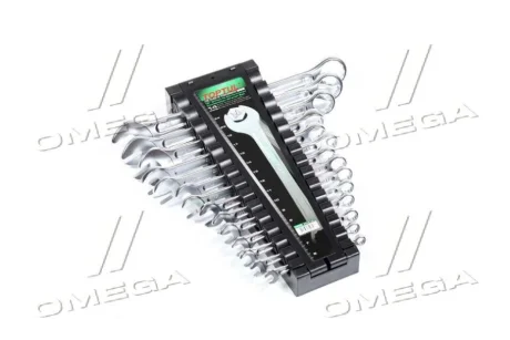 Плоско-кільцевий ключ комплектація 14 шт, (EN) U / 12-кутна: 6, 7, 8, 9, 10, 11, 12, 13, 14, 15, 17, 19, 22, 24 мм, кут: 15°, у пластиковому тримачі Toptul GAAC1401