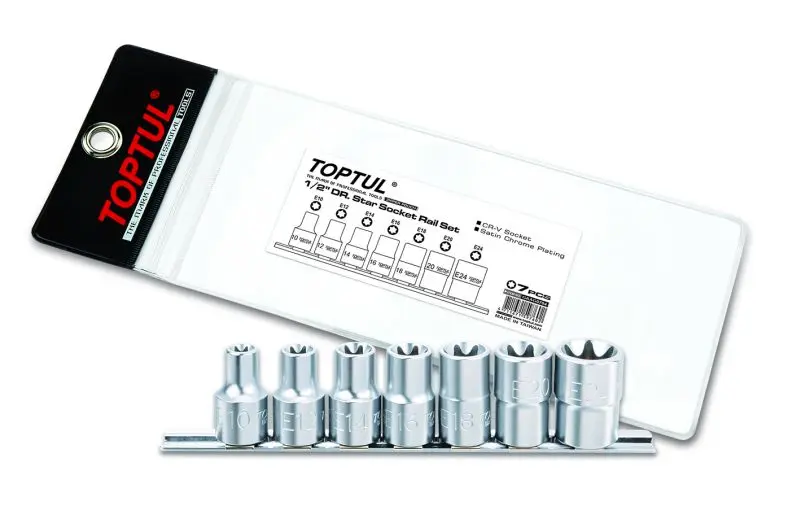 Набір насадок 1/2" (однотипні), 7 шт, профіль: E-TORX, розмір ключа для гнізда E-TORX: E10, E12, E14, E16, E18, E20, E24, Toptul GAAG0704 (фото 1)