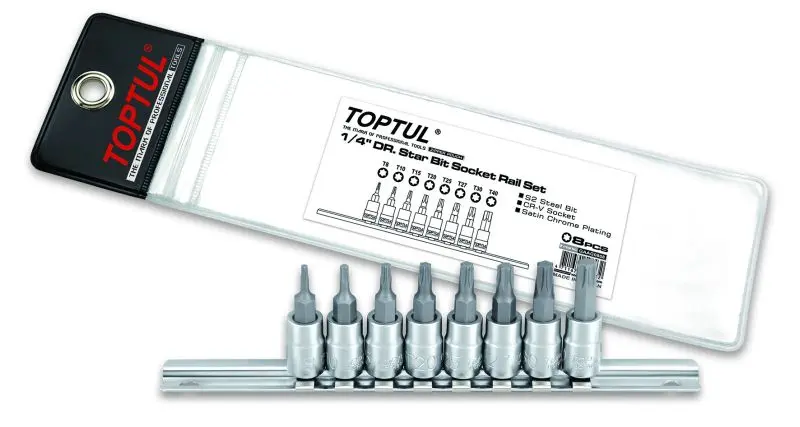 Набір насадок 1/4" (однотипні), 8 шт, профіль: TORX, розмір ключа для гнізда E-TORX: T10, T15, T20, T25, T27, T30, T40, T8, Toptul GAAG0808 (фото 1)