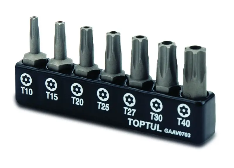 7 шт, розмір гнізда: 1/4",, профіль: TORX / TORX Tamper, розмір ключа для гнізда E-TORX: T10, T10H, T15, T15H, T20, T20H, T25, T25H, T27, T27H, T30, T30H, T40, T40H, T10H, T15H, T20H, T25H, T27H, T30H Toptul GAAV0703 (фото 1)